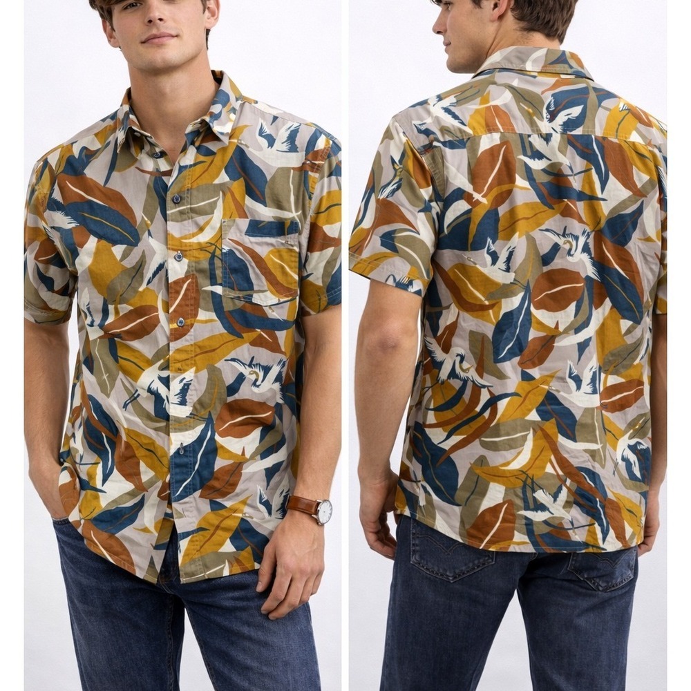Sherpa Adventure Gear‎ Men Jangbu Shirt Caramel Sarus Crane Himalayan Bird Print
